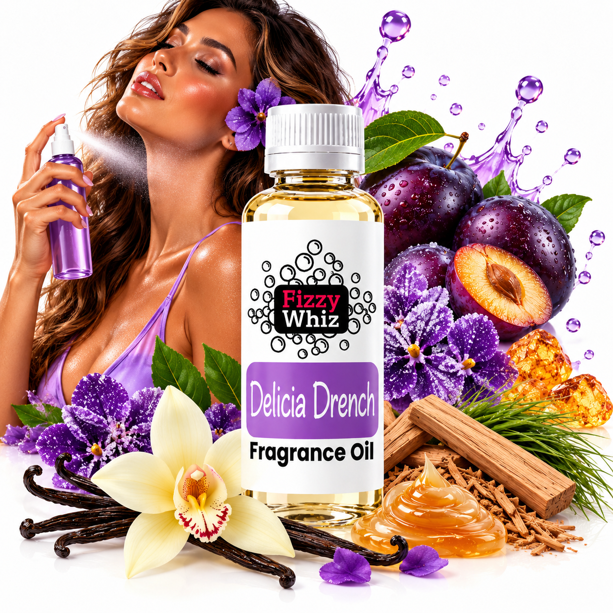 A bottle of Fizzy Whiz Delicia Drench fragrance oil centered on a white background, surrounded by purple flowers, plums, vanilla beans, cinnamon sticks, honey, and a woman holding a spray bottle.