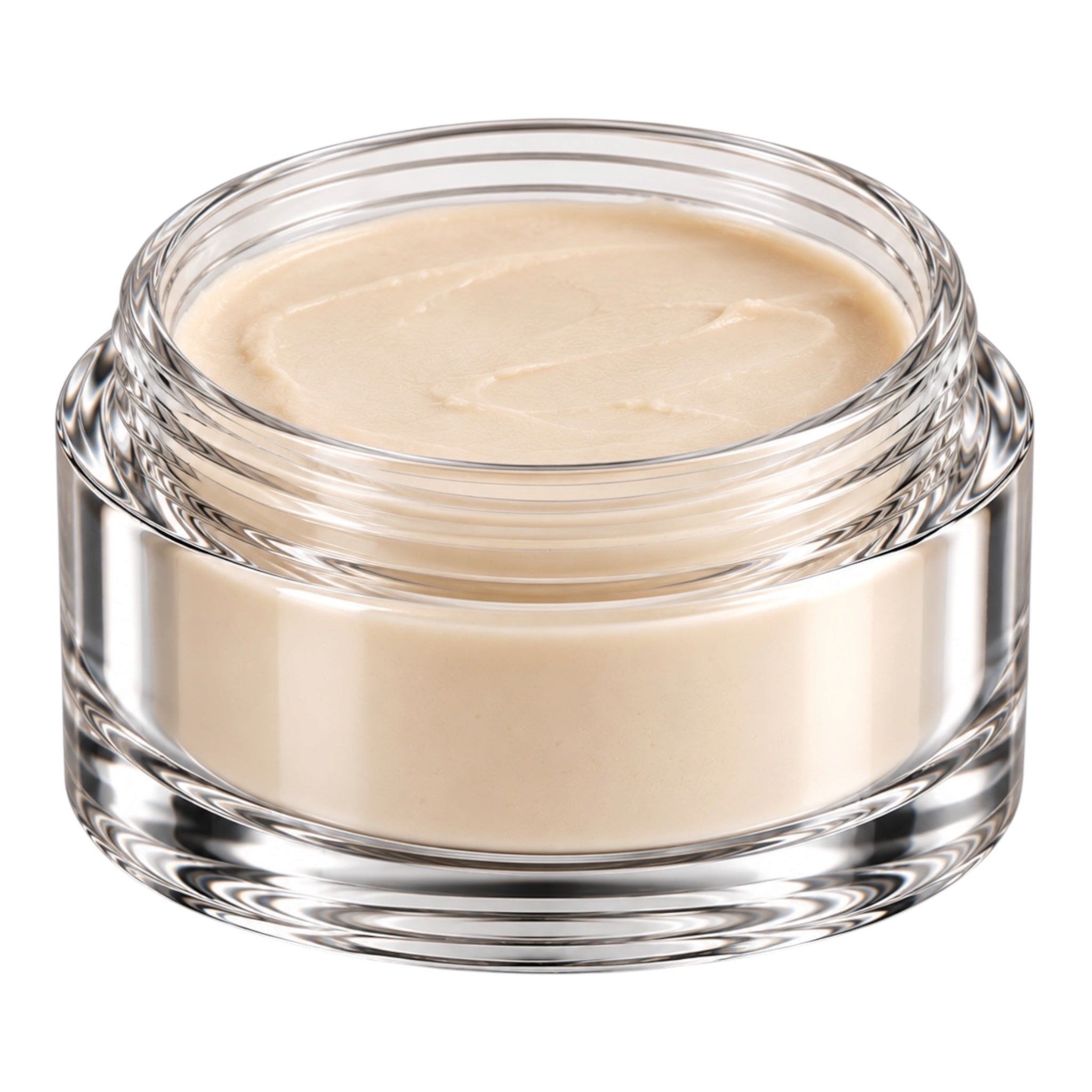 A clear glass cosmetic jar filled with a smooth, light beige cream or powder, shown against a solid white background.