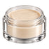 A clear glass cosmetic jar filled with a smooth, light beige cream or powder, shown against a solid white background.