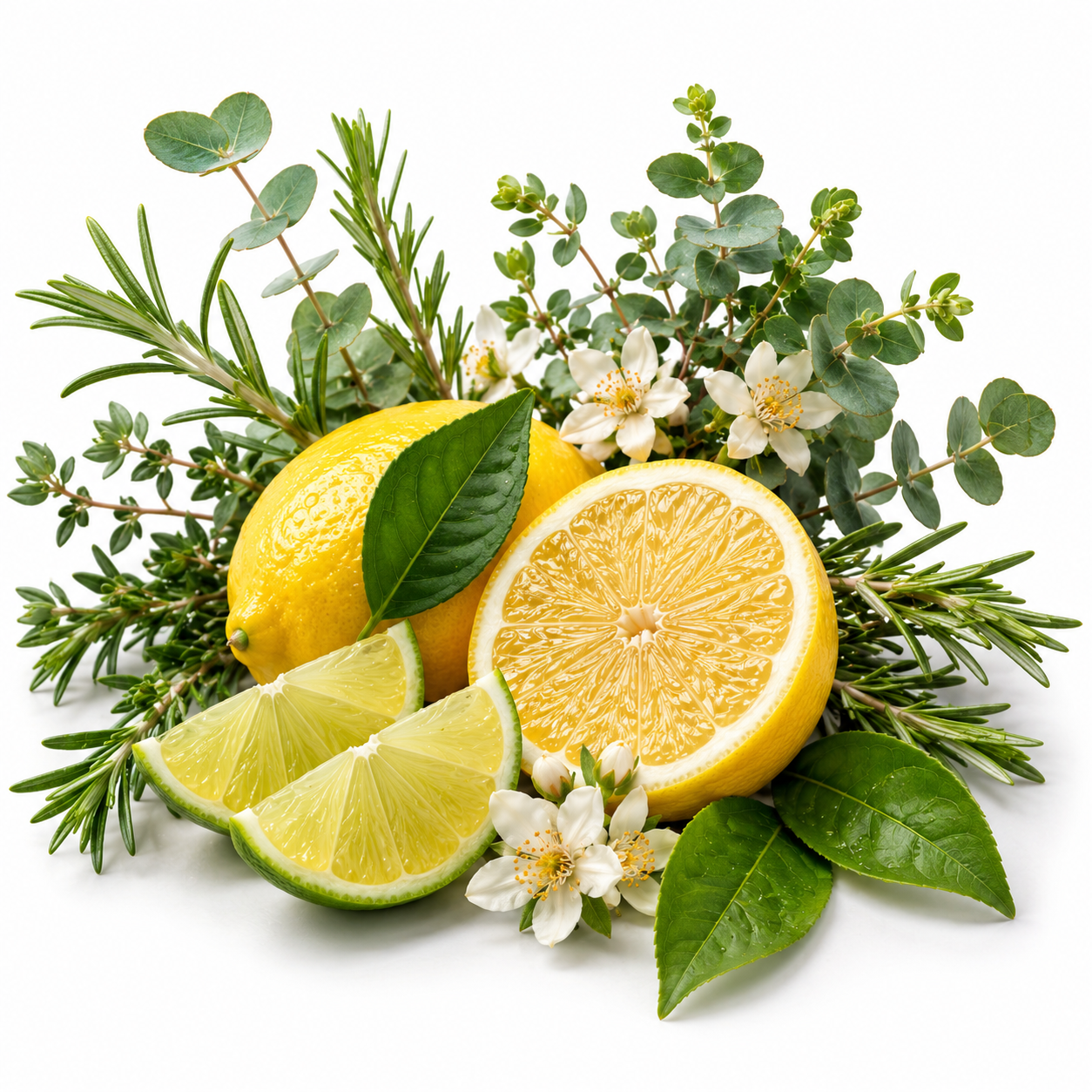 A styled arrangement of fresh lemons, lime wedges, green leaves, rosemary sprigs, eucalyptus stems, and small white flowers on a clean white background.