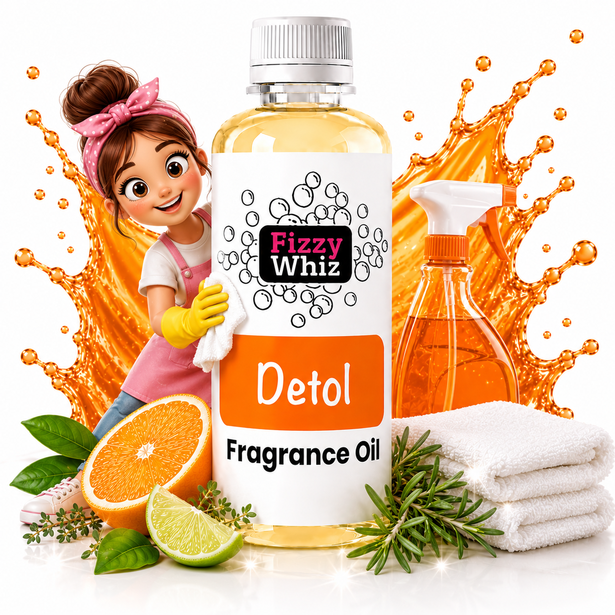 A bottle of Fizzy Whiz Detol Fragrance Oil centered on a white background, surrounded by cleaning-themed props including a cartoon cleaner, orange slices, lime, rosemary, folded white towels, and an orange spray bottle. The bottle label reads 'Fizzy Whiz' and 'Detol Fragrance Oil.