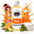 A bottle of Fizzy Whiz Detol Fragrance Oil centered on a white background, surrounded by cleaning-themed props including a cartoon cleaner, orange slices, lime, rosemary, folded white towels, and an orange spray bottle. The bottle label reads 'Fizzy Whiz' and 'Detol Fragrance Oil.