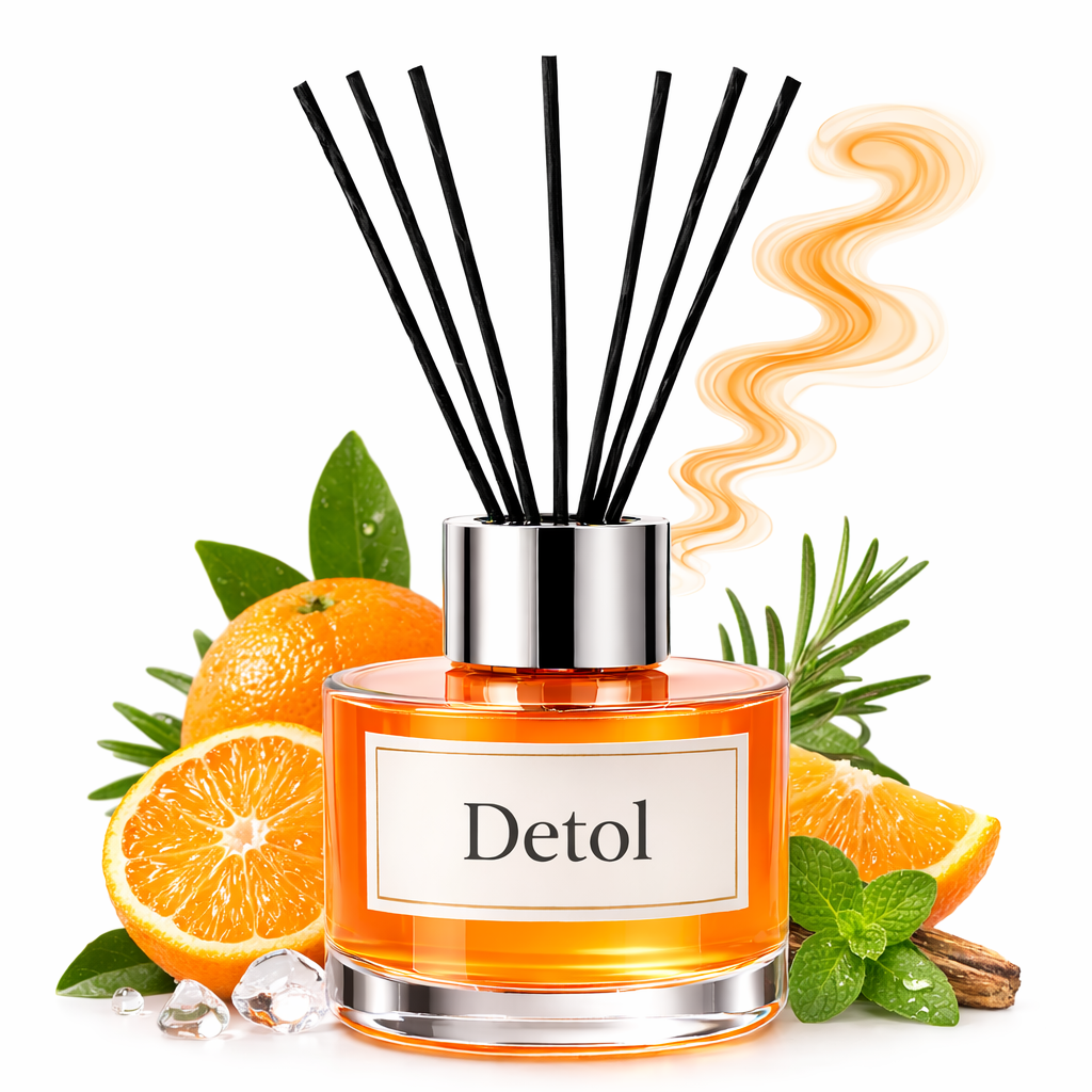 Detol reed diffuser with orange slices, cinnamon sticks, and green leaves on a white background