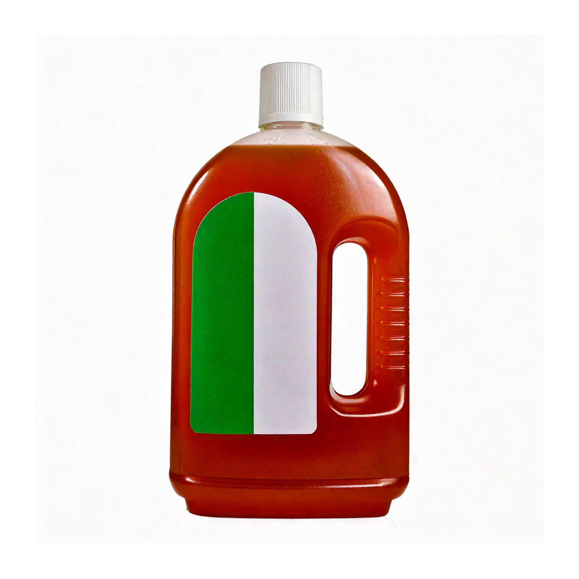 Red plastic detergent-style bottle with built-in handle, white screw cap, and plain label area, shown upright on a light background.