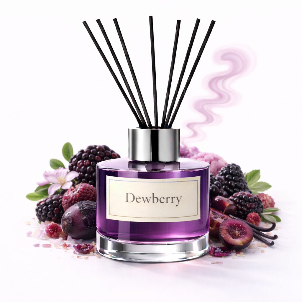 Reed diffuser labeled 'Dewberry' with black sticks surrounded by berries and flowers on a white background