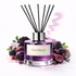 Reed diffuser labeled 'Dewberry' with black sticks surrounded by berries and flowers on a white background