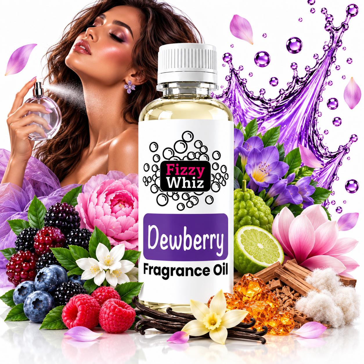 A bottle of Fizzy Whiz Dewberry Fragrance Oil centered in a colorful promotional composition with a woman spraying perfume, purple liquid splashes, flowers, berries, vanilla beans, and citrus on a white background.