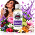 A bottle of Fizzy Whiz Dewberry Fragrance Oil centered in a colorful promotional composition with a woman spraying perfume, purple liquid splashes, flowers, berries, vanilla beans, and citrus on a white background.