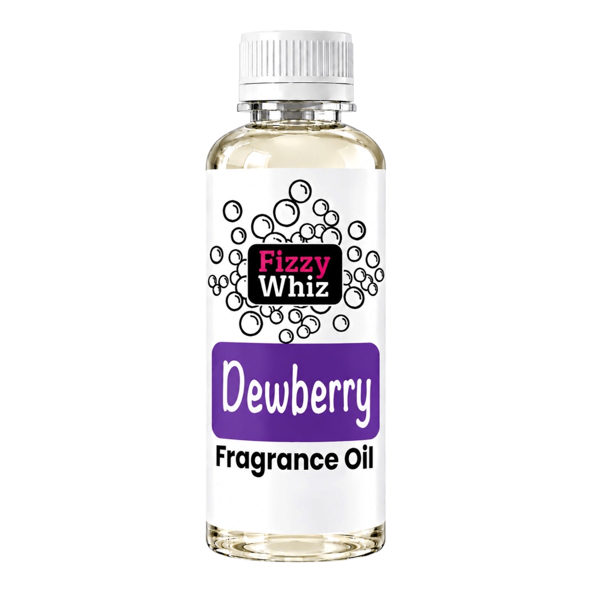 A bottle of Fizzy Whiz Dewberry Fragrance Oil, featuring a white cap, clear glass bottle showing the pale yellow liquid inside, and a white label with a purple 'Dewberry' section and black text.