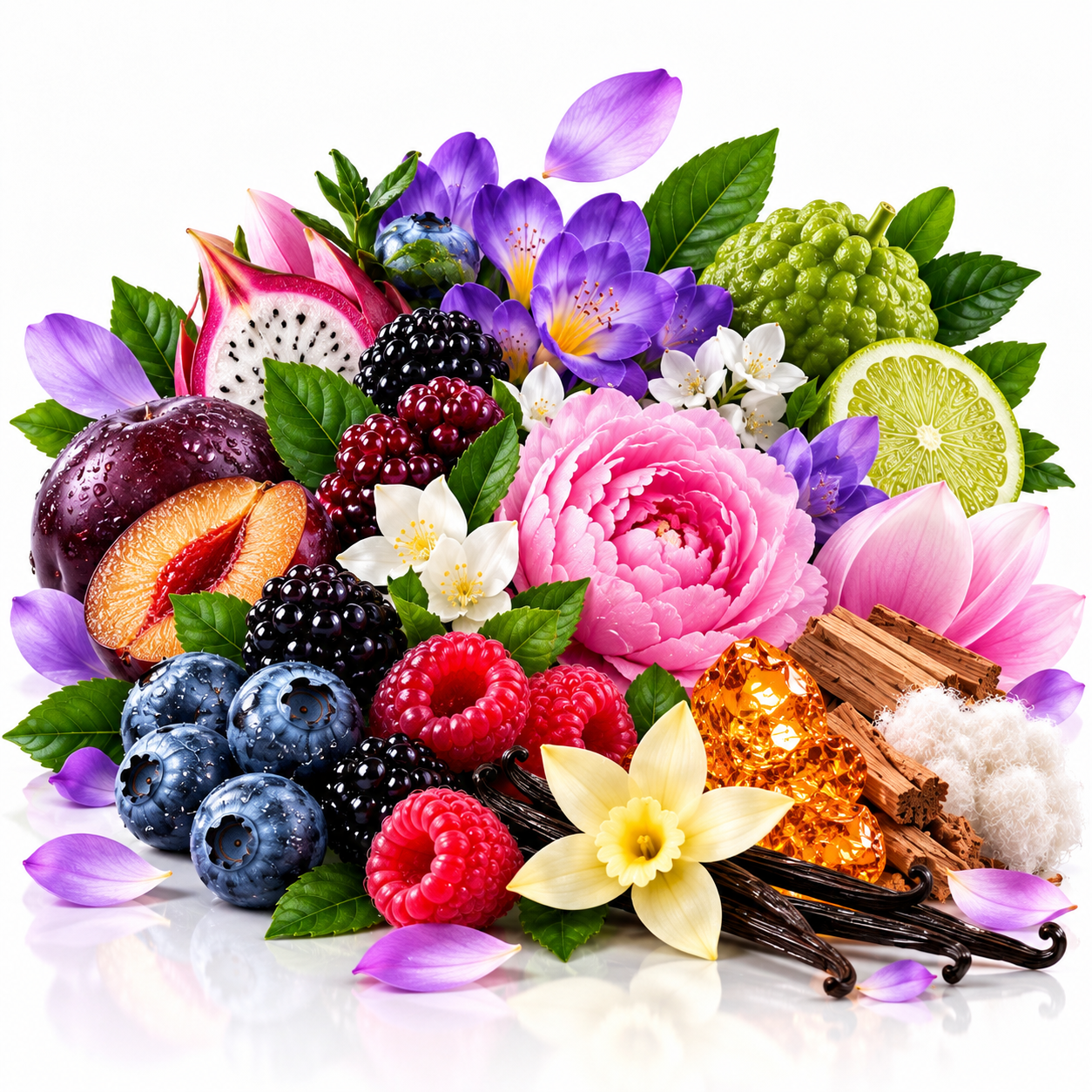 A vibrant and colorful botanical fragrance blend featuring fresh fruits like dragon fruit, raspberries, blueberries, and a peach, mixed with flowers including pink roses, purple blossoms, and vanilla beans, alongside amber resin and white cotton, all arranged on a clean white background.