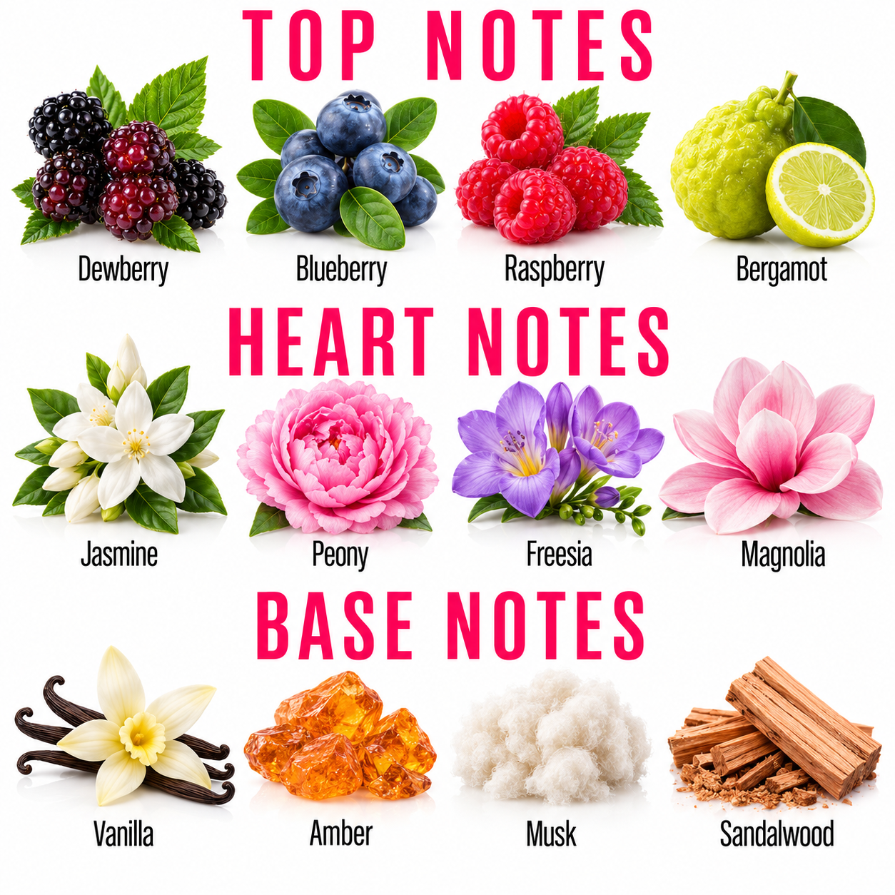 A fragrance scent chart titled 'TOP NOTES', 'HEART NOTES', and 'BASE NOTES' showing illustrated botanical and material samples with labels: Dewberry, Blueberry, Raspberry, Bergamot, Jasmine, Peony, Freesia, Magnolia, Vanilla, Amber, Musk, and Sandalwood.