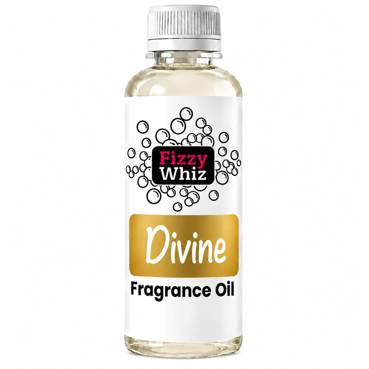 A bottle of Fizzy Whiz Divine Fragrance Oil on a solid white background. The bottle is made of clear plastic, showing the pale yellow liquid inside, and has a white cap and a white label with black and gold text.
