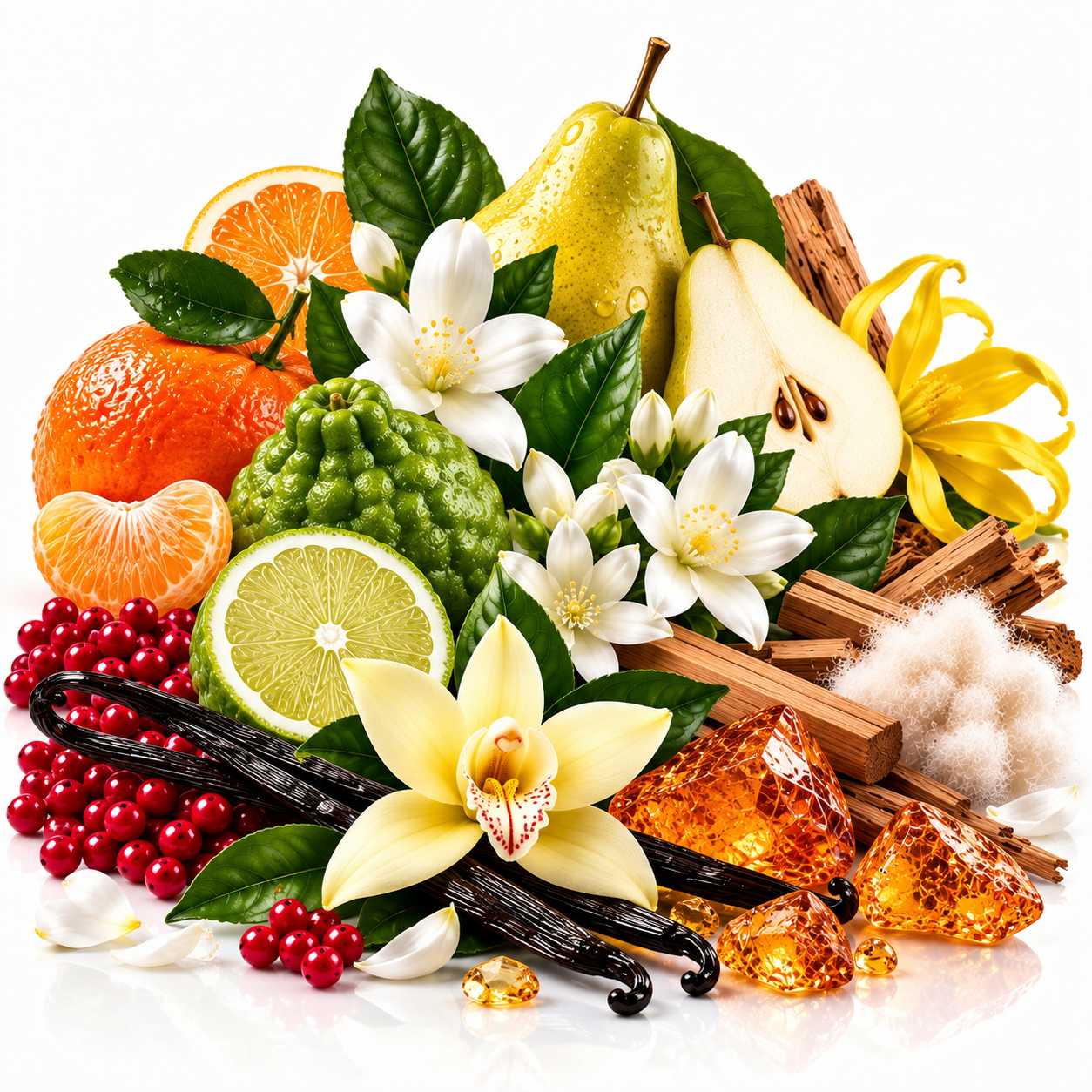 A styled botanical still life of assorted citrus fruits, pears, vanilla beans, red berries, amber crystals, wood bark, and white flowers arranged together on a clean white background.