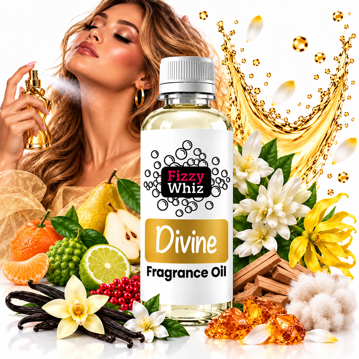 A bottle of Fizzy Whiz Divine Fragrance Oil centered in a styled commercial composition. The bottle is clear with pale yellow liquid inside, a white cap, and a white label with black and gold text.