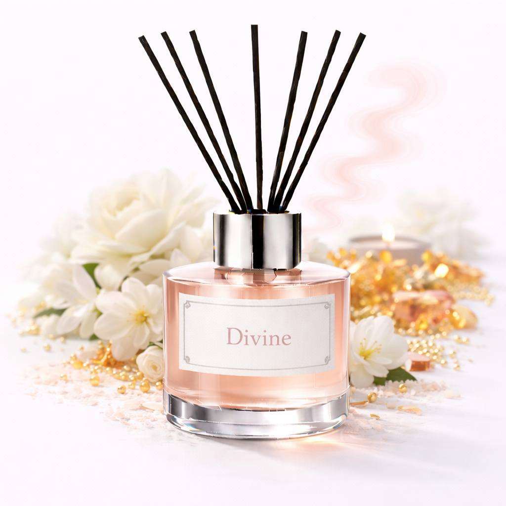 Diffuser with black reeds labeled 'Divine' on a white background with flowers and decorative elements.