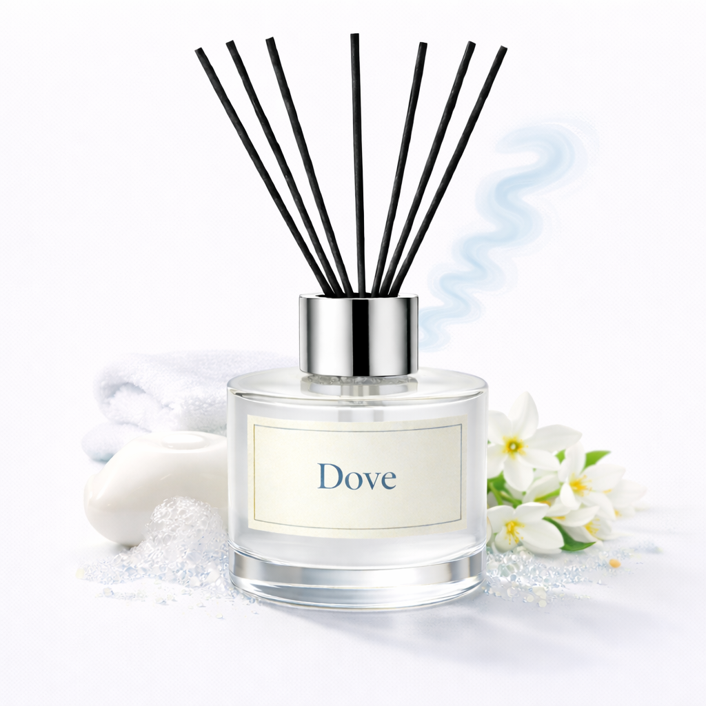 Dove diffuser with black reeds and a white background