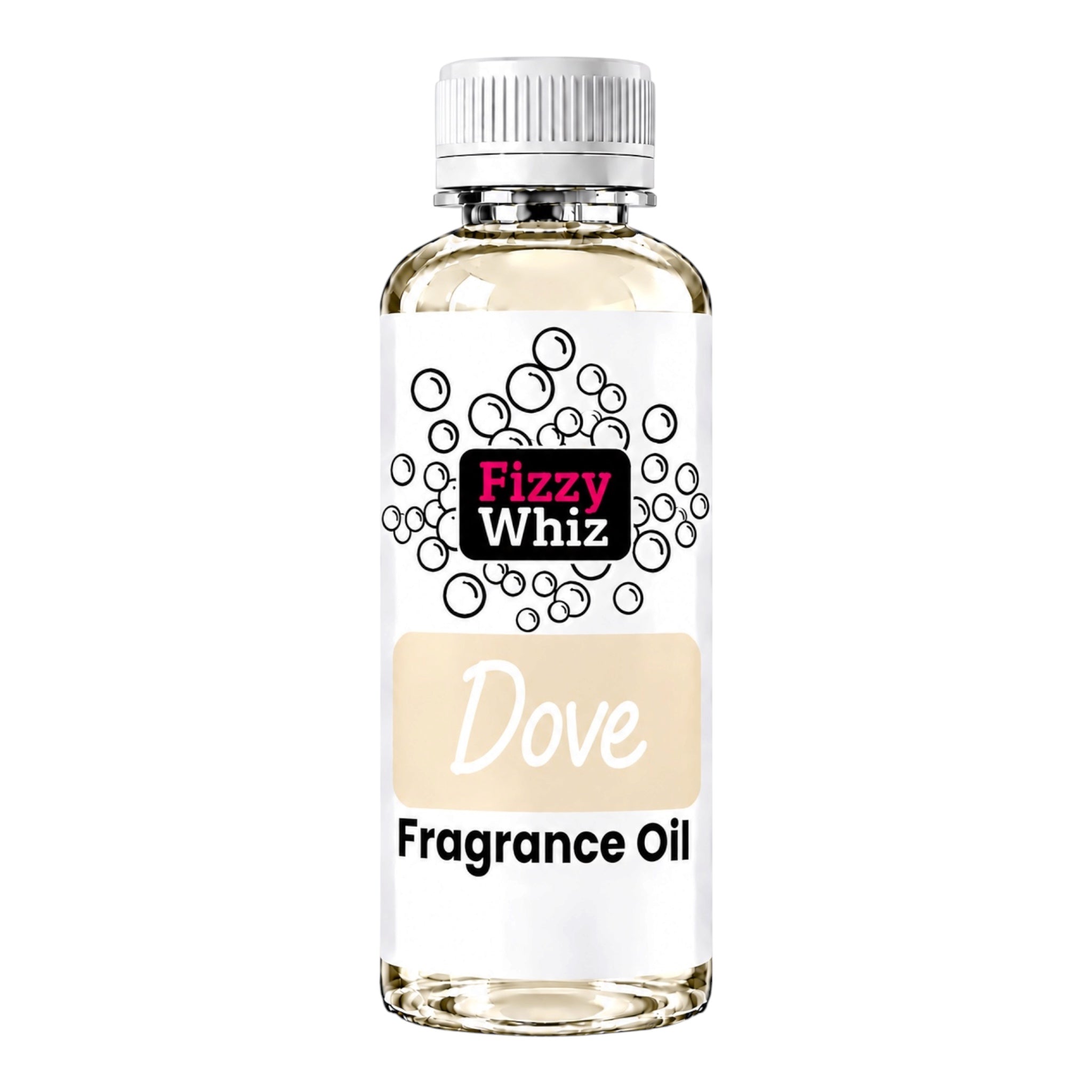 A bottle of Fizzy Whiz 'Dove' Fragrance Oil on a solid white background. The clear glass bottle shows the pale yellow liquid inside, topped with a white ribbed cap and a white label featuring the brand logo and scent name.