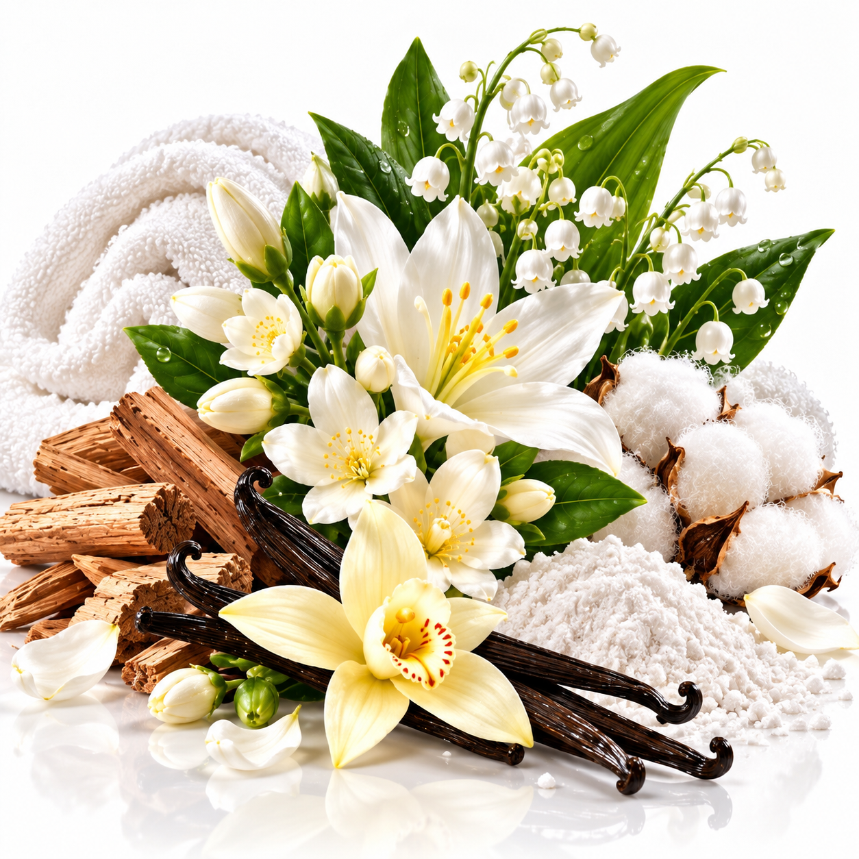 A styled botanical arrangement on a white background featuring white lily-of-the-valley flowers, cream-colored powder, cotton bolls, brown bark pieces, dark vanilla beans, and green leaves, with a folded white towel in the background.