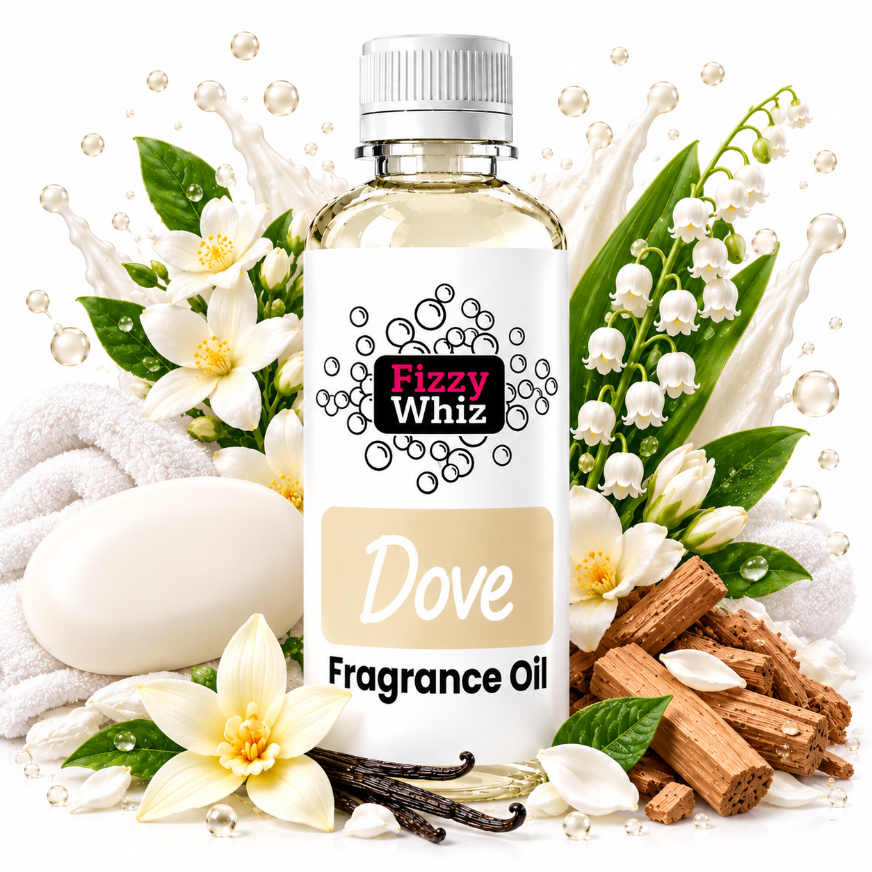 A bottle of Fizzy Whiz Dove Fragrance Oil centered on a white background, surrounded by decorative scent ingredients including white flowers, lily of the valley, cinnamon sticks, vanilla beans, a bar of soap, and a towel. The bottle has a white cap and a white label with the Fizzy Whiz logo and 'Dove Fragrance Oil' text.