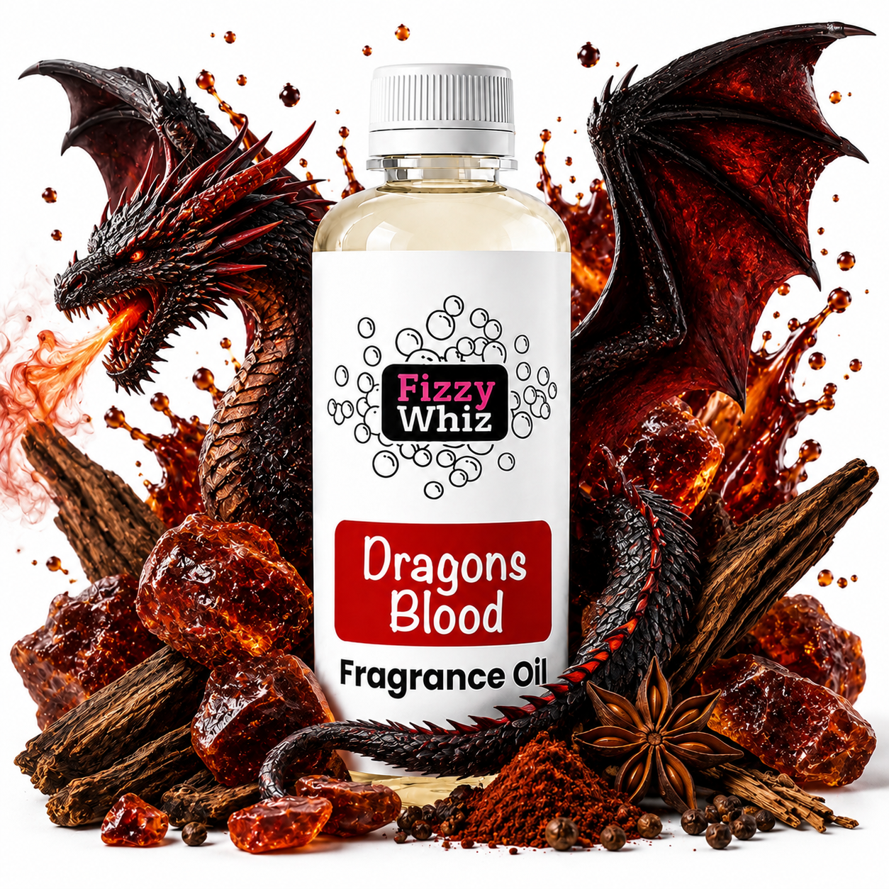 A bottle of Fizzy Whiz Dragons Blood Fragrance Oil centered against a white background, surrounded by thematic props including a dragon illustration, amber crystals, cinnamon sticks, and star anise.