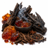 A styled arrangement of dried spices and ingredients on a white background, including amber crystals, dark wood pieces, a small bowl with smoky amber liquid, star anise, peppercorns, and a carved dragon head figurine.