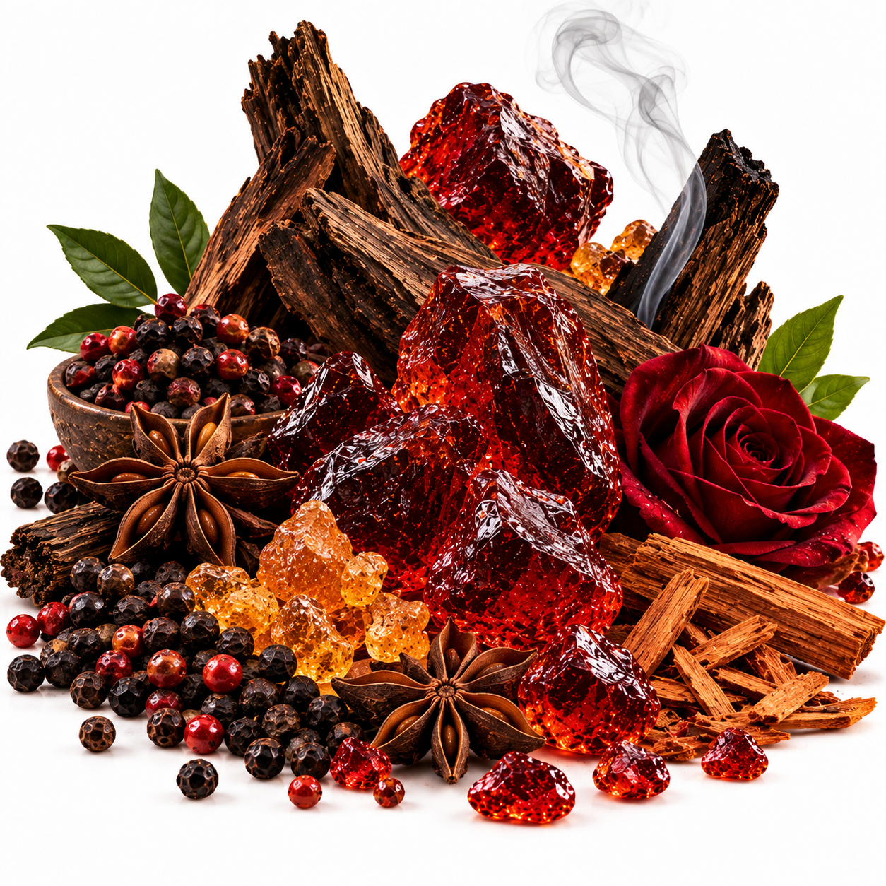 A styled arrangement of warm spices and botanicals on a white background, including amber-red translucent crystals, dark brown wood pieces, cinnamon sticks, star anise, black and red peppercorns, green leaves, and a deep red rose.