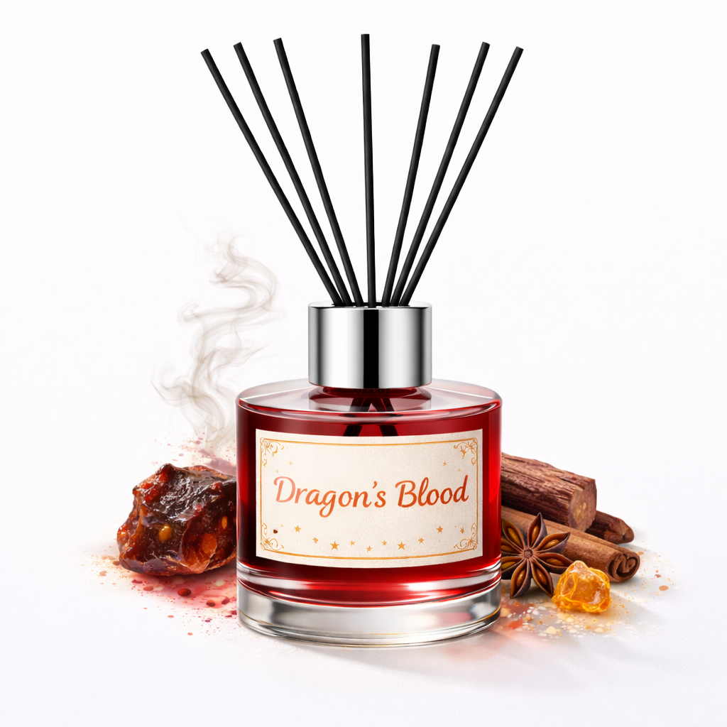 Reed diffuser labeled 'Dragon's Blood' with cinnamon sticks and star anise on a white background