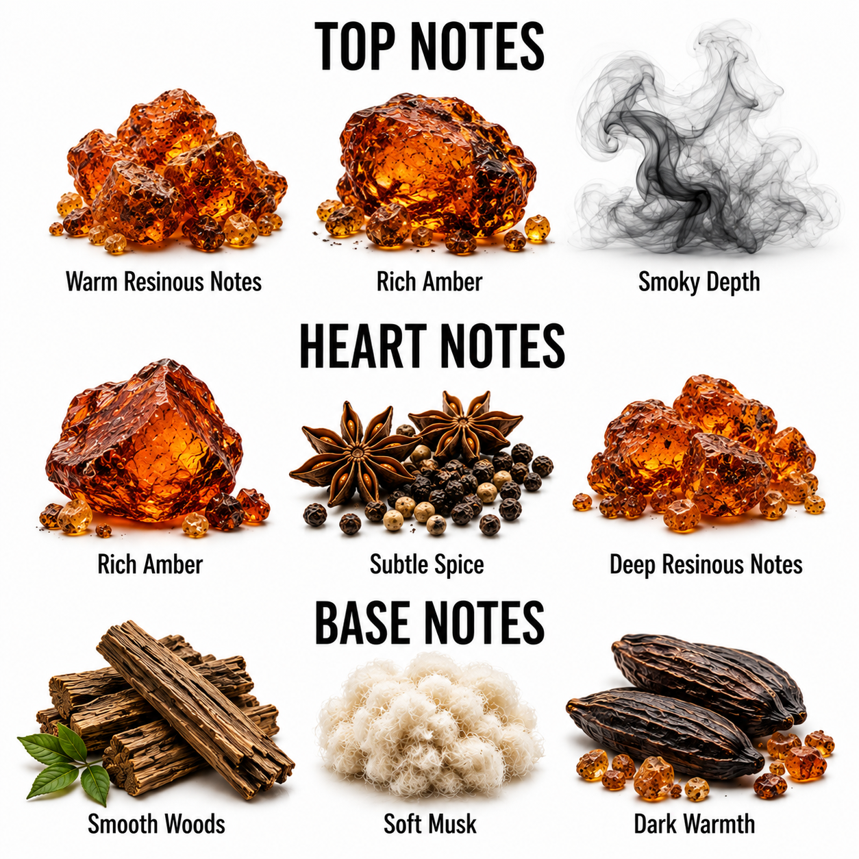 A fragrance notes infographic showing amber resin crystals and scent descriptors arranged in three sections labeled Top Notes, Heart Notes, and Base Notes. Visible scent notes include warm resinous, rich amber, smoky depth, subtle spice, deep resinous, smooth woods, soft musk, and dark warmth.