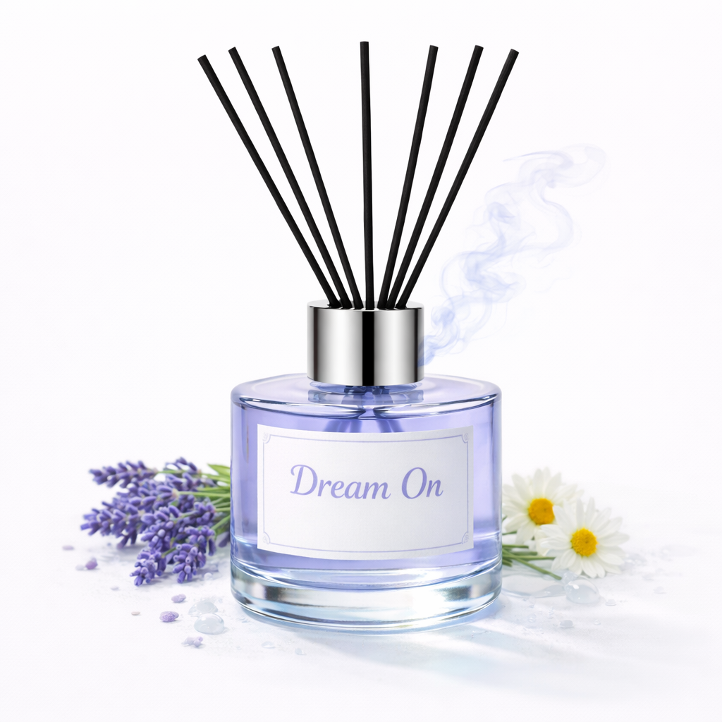 Diffuser bottle labeled 'Dream On' with black sticks on a white background
