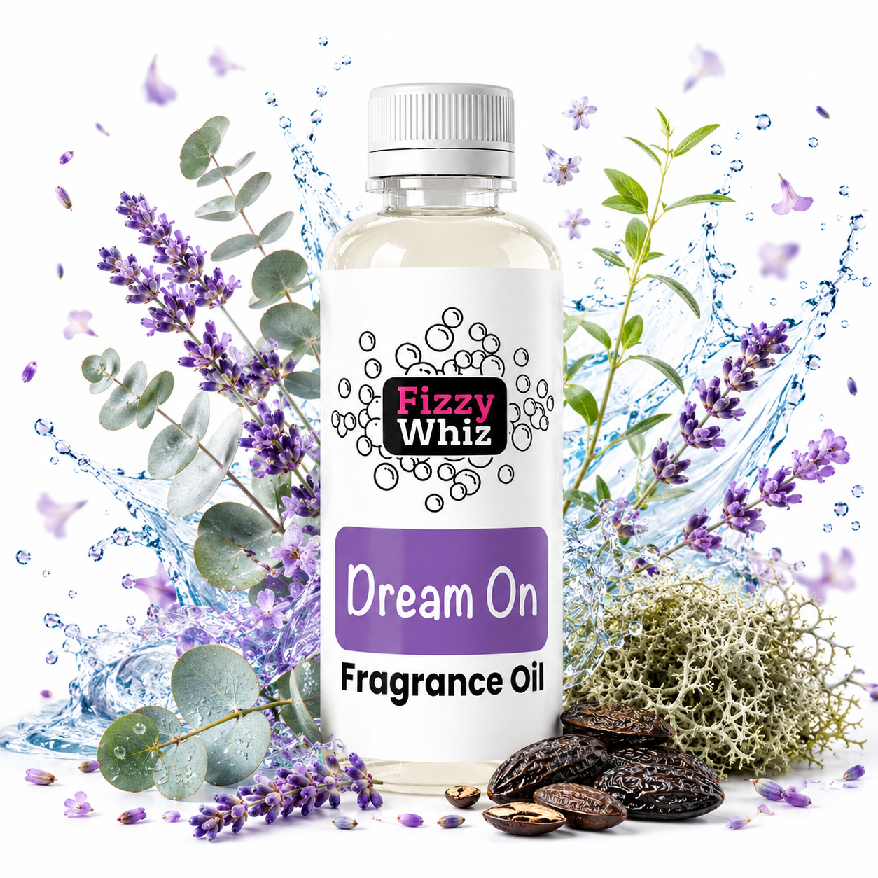 A bottle of Fizzy Whiz 'Dream On' fragrance oil centered against a white background, surrounded by decorative botanical elements including purple lavender sprigs, green eucalyptus leaves, dried lichen, and brown seeds, with blue water droplets and splashes in the background.