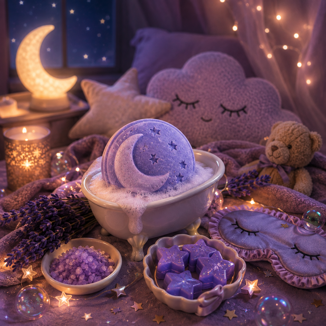 A cozy, dreamy spa setup featuring a lavender bath bomb with a crescent moon and star design sitting in a small clawfoot tub filled with bubbly foam. Surrounding the tub are lavender sprigs, star-shaped bath salts, a heart-shaped sleep mask, a teddy bear, and plush cloud and star pillows under warm fairy lights and candlelight.