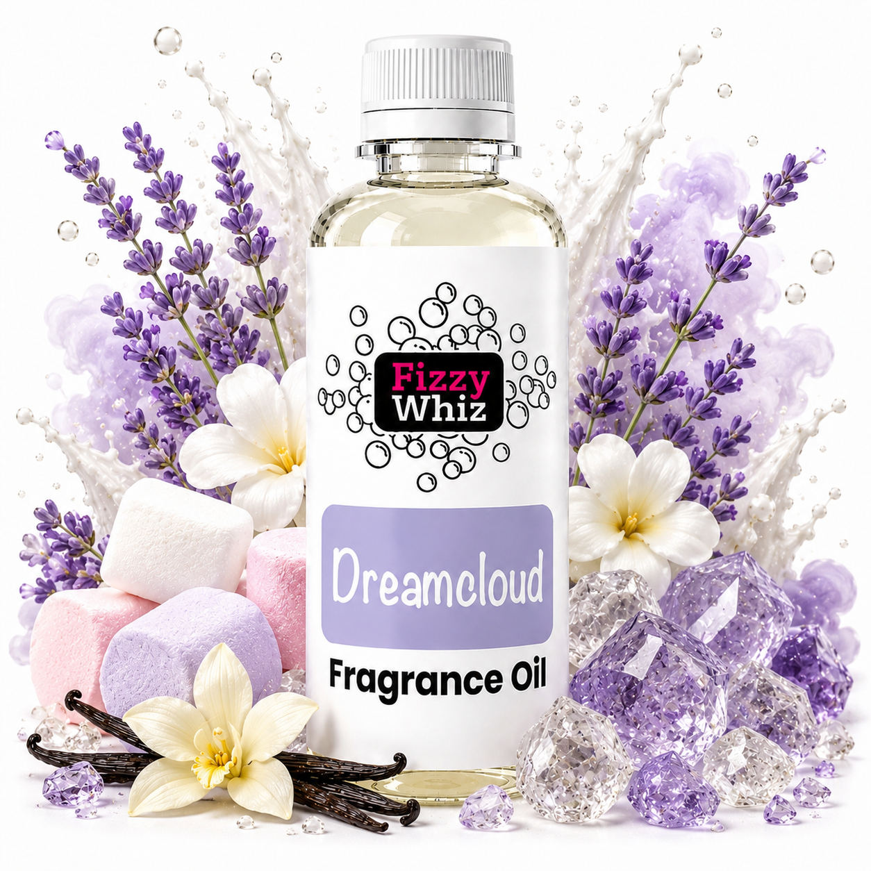 A bottle of Fizzy Whiz Dreamcloud Fragrance Oil centered on a white background, surrounded by lavender sprigs, white flowers, pink and lavender bath cubes, vanilla beans, and purple crystal-like decorative elements.