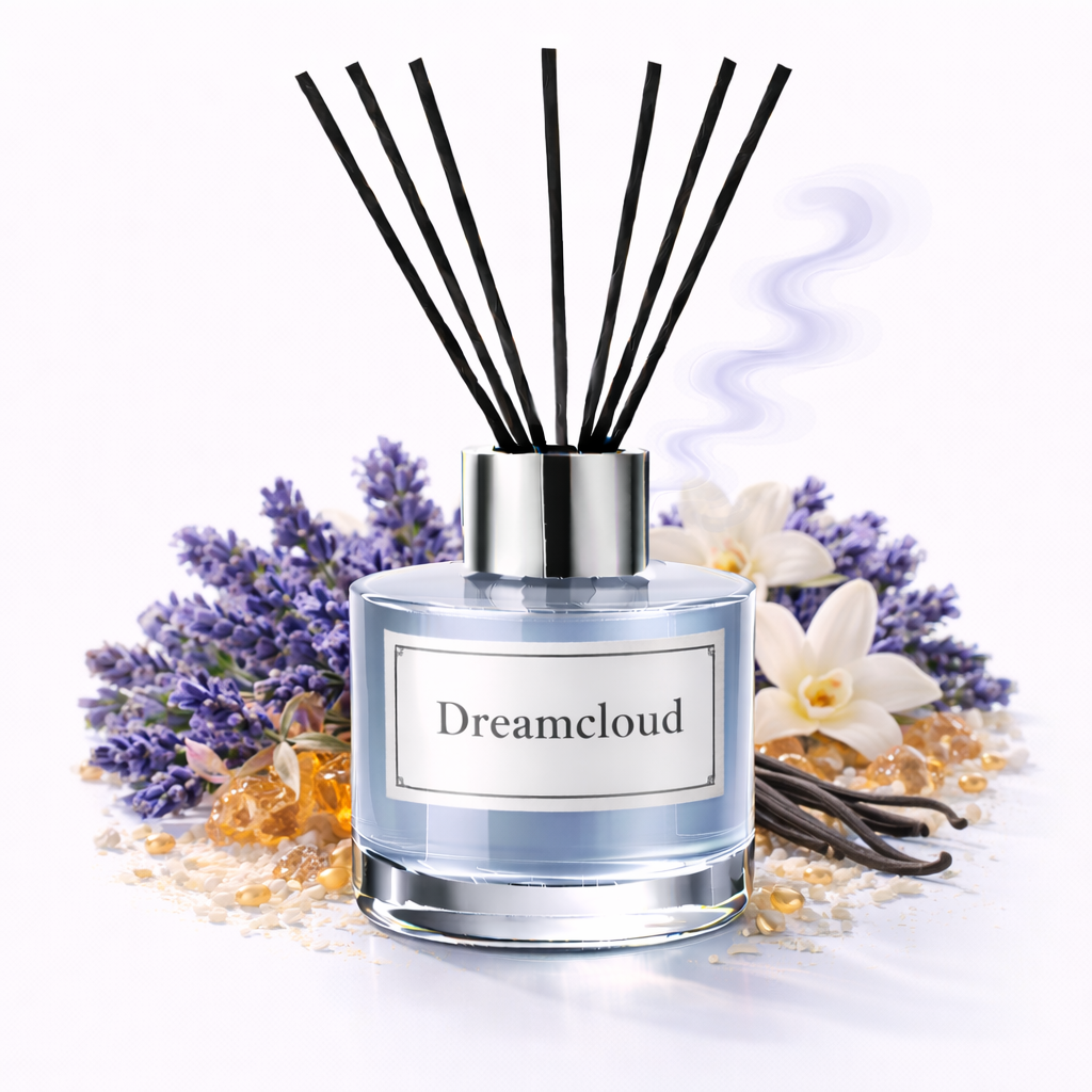 Diffuser with 'Dreamcloud' label surrounded by lavender and vanilla beans on a white background