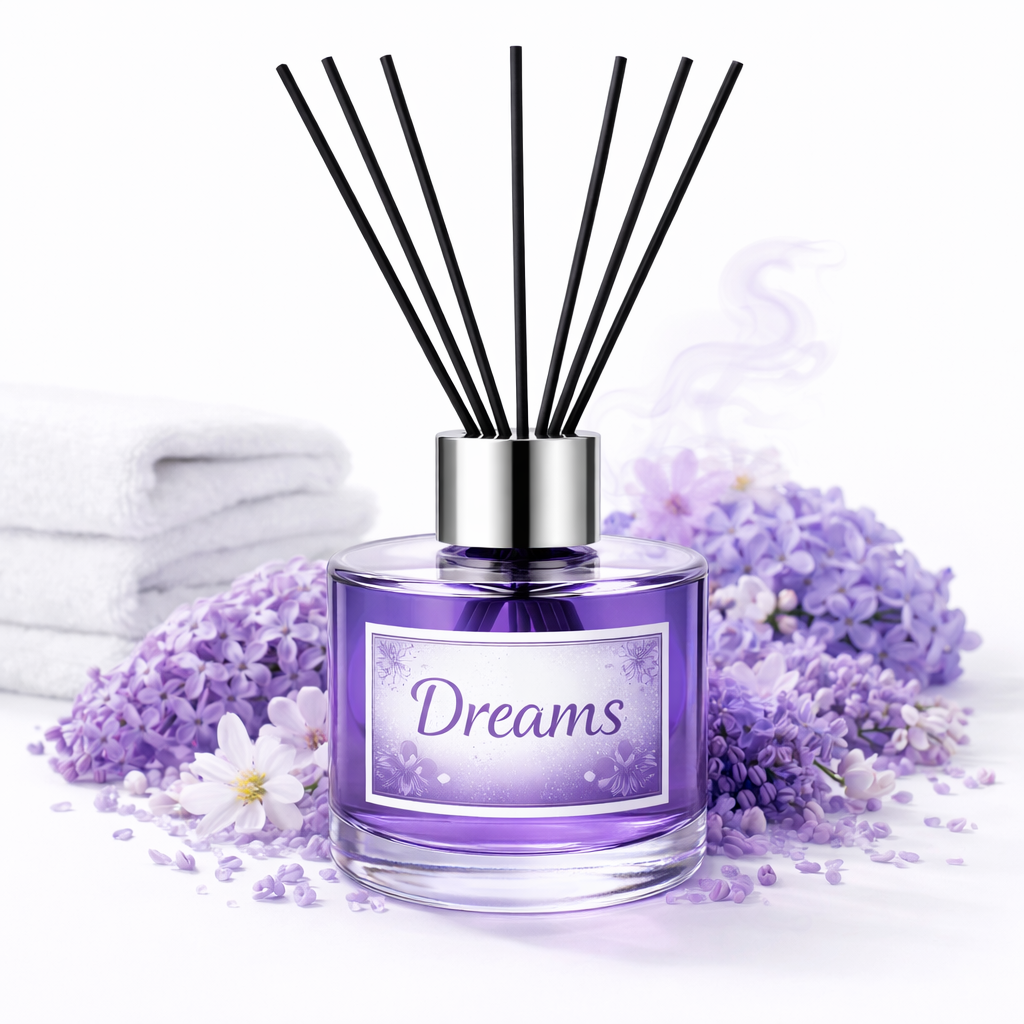 Diffuser bottle labeled 'Dreams' with black sticks surrounded by purple flowers on a white background