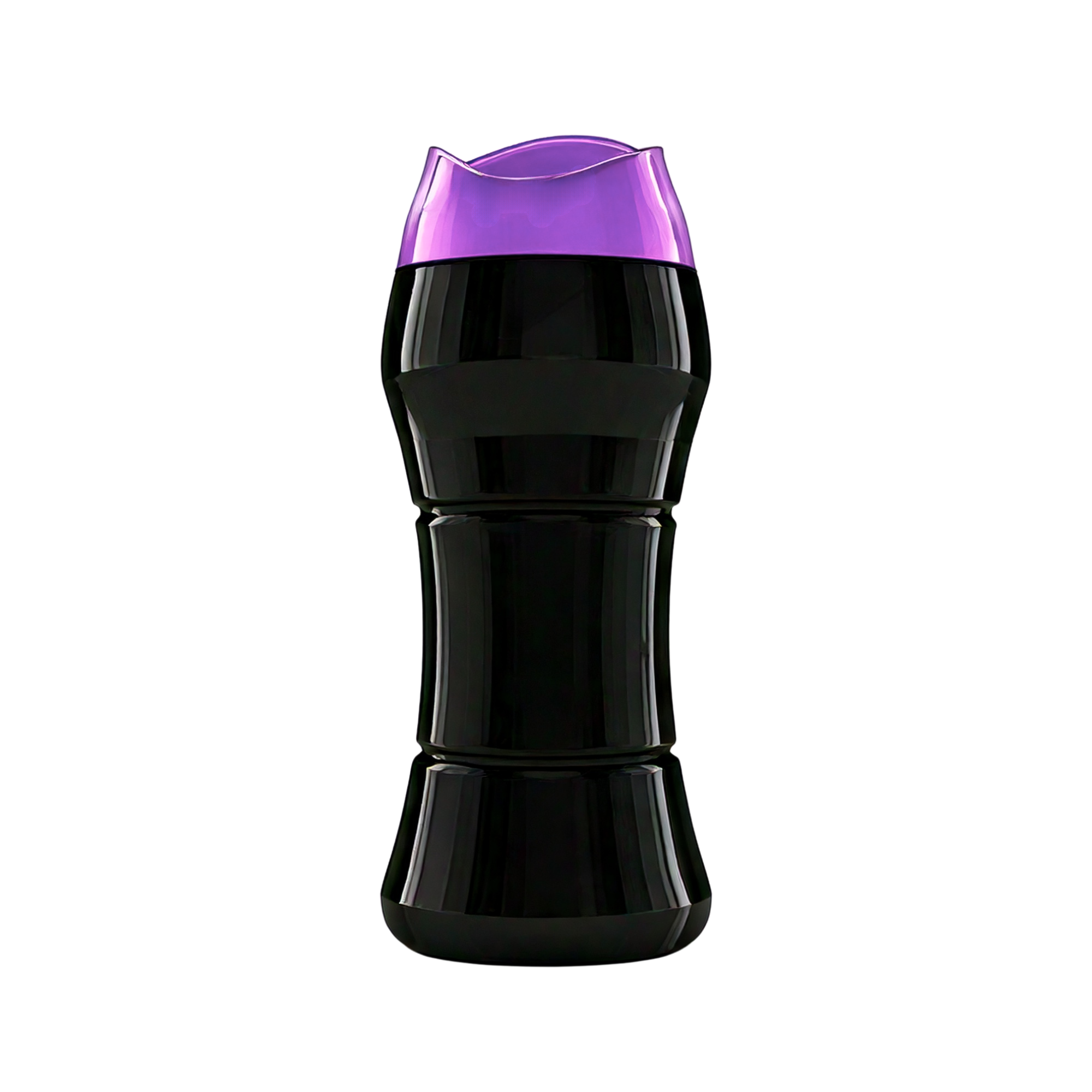 Tall black plastic bottle with a contoured shape and purple flip-top cap, shown upright on a light background.