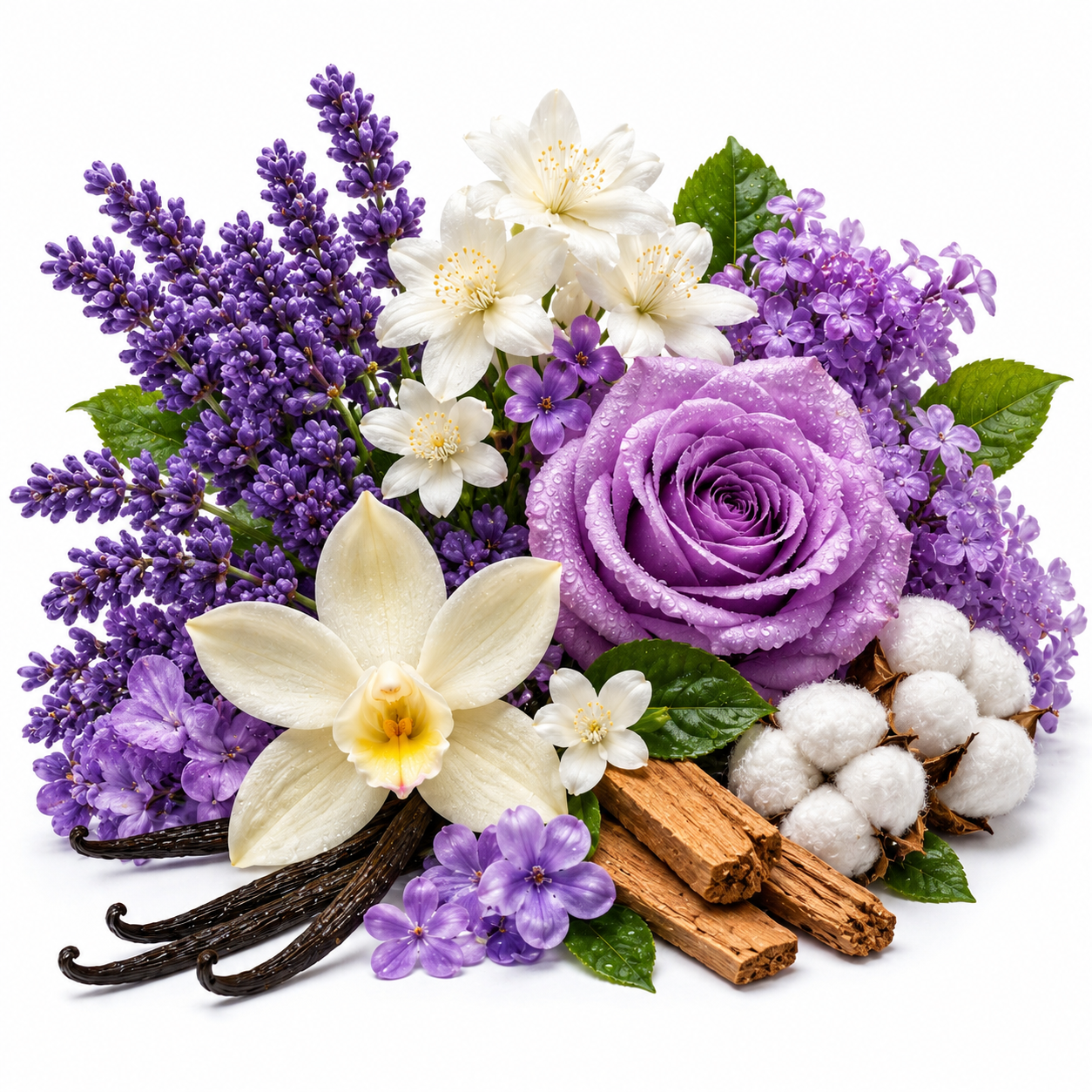 A styled botanical arrangement on a white background featuring purple lavender sprigs, a large purple rose, white flowers, vanilla beans, cinnamon sticks, and cotton bolls with green leaves.