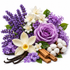 A styled botanical arrangement on a white background featuring purple lavender sprigs, a large purple rose, white flowers, vanilla beans, cinnamon sticks, and cotton bolls with green leaves.