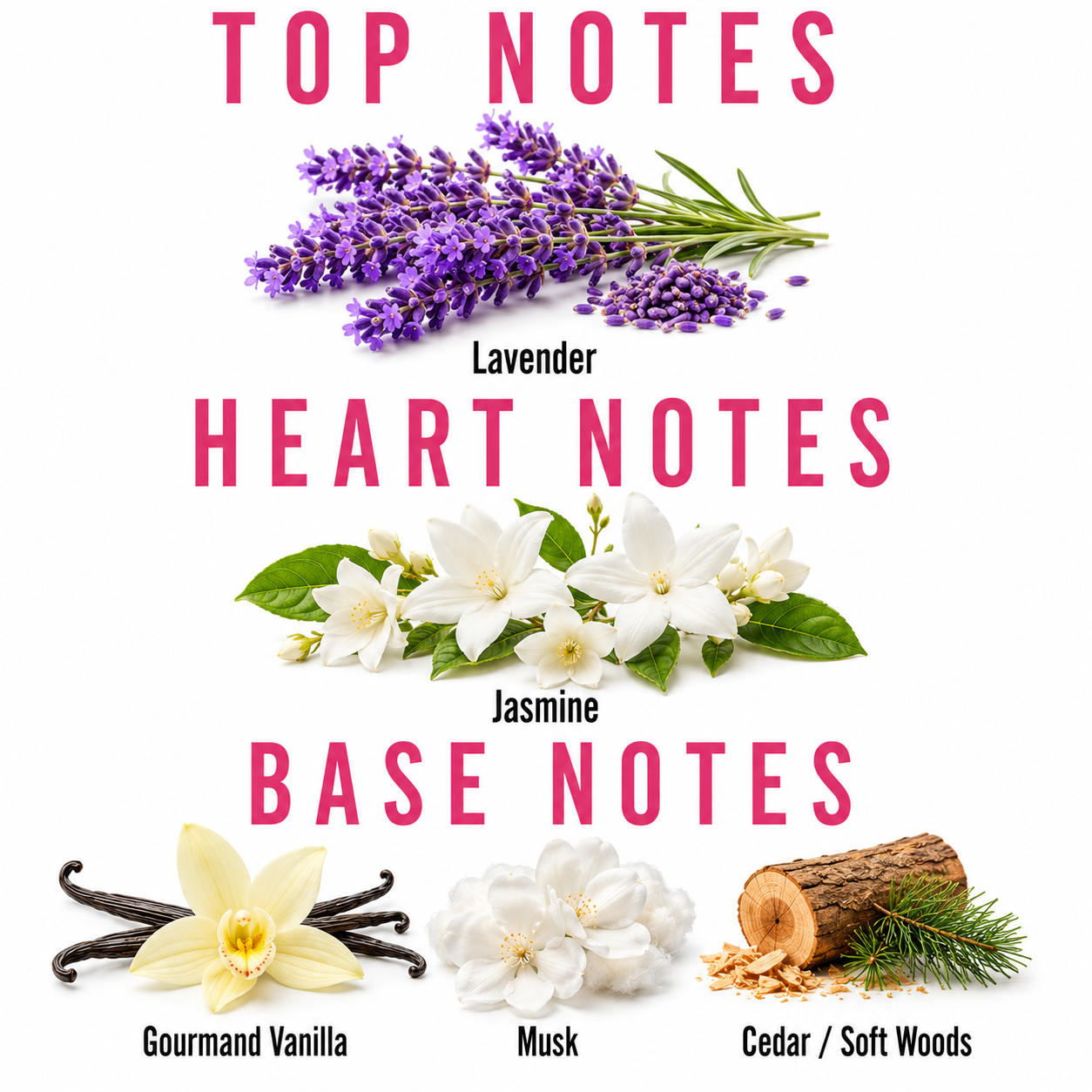 A fragrance notes graphic on a white background with pink text reading 'TOP NOTES', 'HEART NOTES', and 'BASE NOTES'. Top notes show lavender sprigs labeled 'Lavender'.
