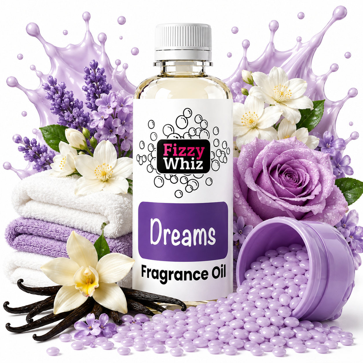 A bottle of Fizzy Whiz Dreams Fragrance Oil centered on a white background, surrounded by lavender flowers, vanilla beans, folded white and lavender towels, spilled lavender beads, and a purple spray cap. The label reads 'Fizzy Whiz' and 'Dreams Fragrance Oil.