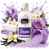 A bottle of Fizzy Whiz Dreams Fragrance Oil centered on a white background, surrounded by lavender flowers, vanilla beans, folded white and lavender towels, spilled lavender beads, and a purple spray cap. The label reads 'Fizzy Whiz' and 'Dreams Fragrance Oil.