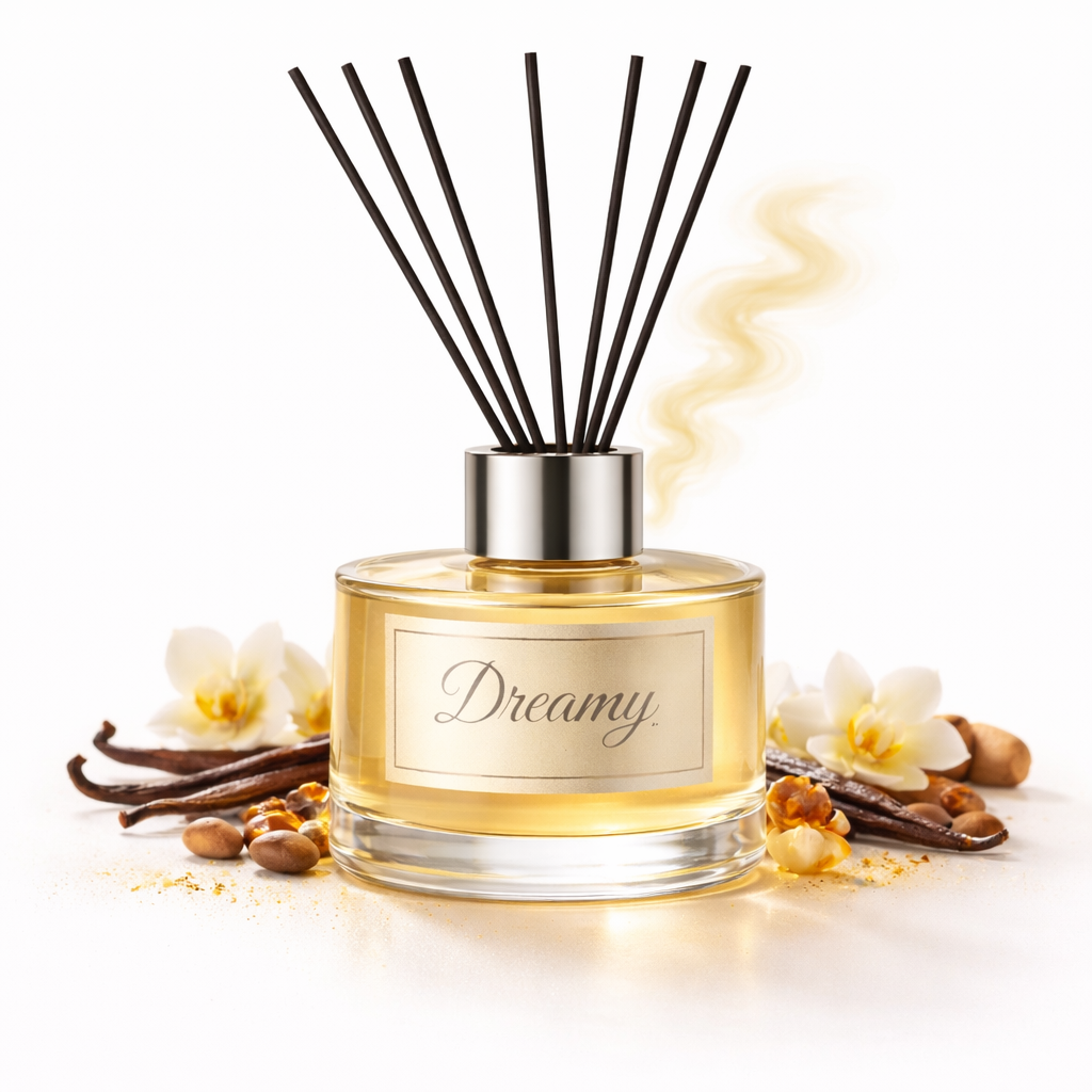 Diffuser bottle labeled 'Dreamy' with black sticks on a white background