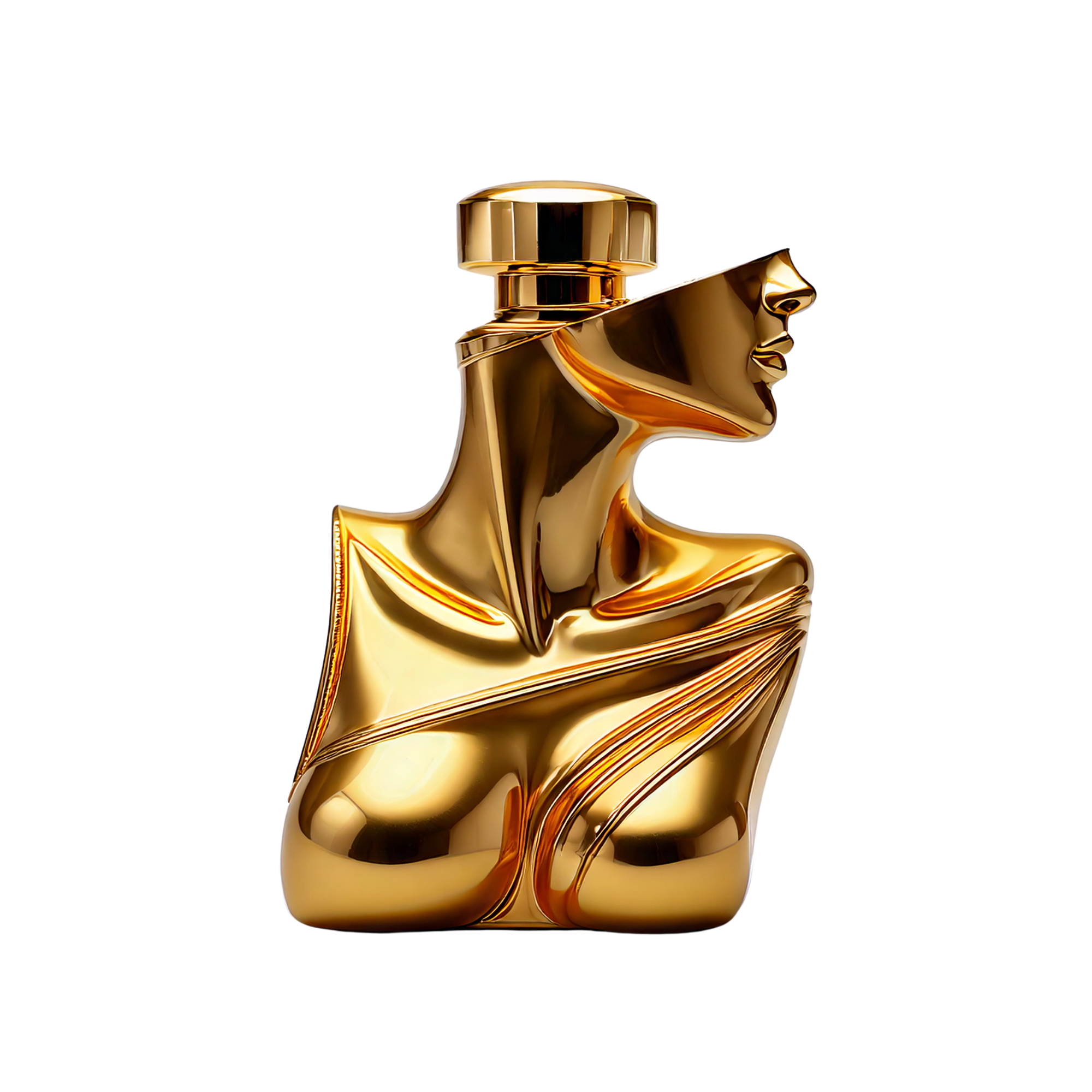 gold & bronze tone perfume bottle in the shape of a women chest up to half a  head