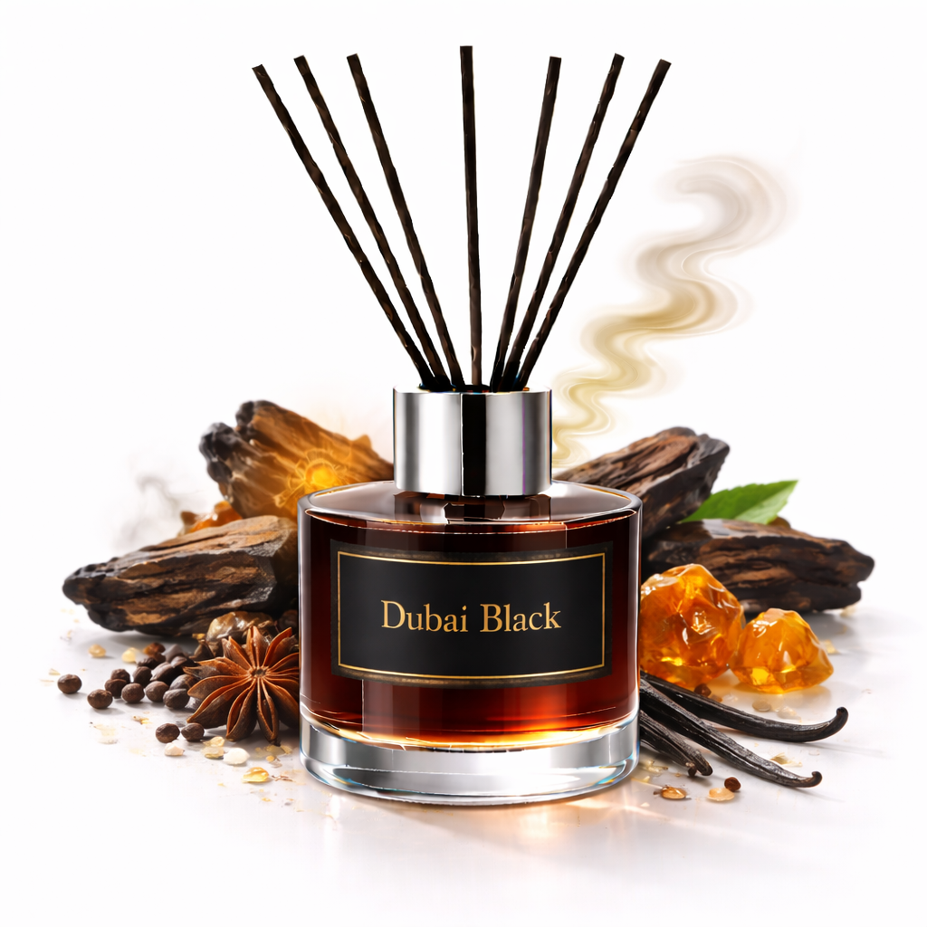 Dubai Black Reed Diffuser Oil with spices and vanilla pods wooden sticks on white background 