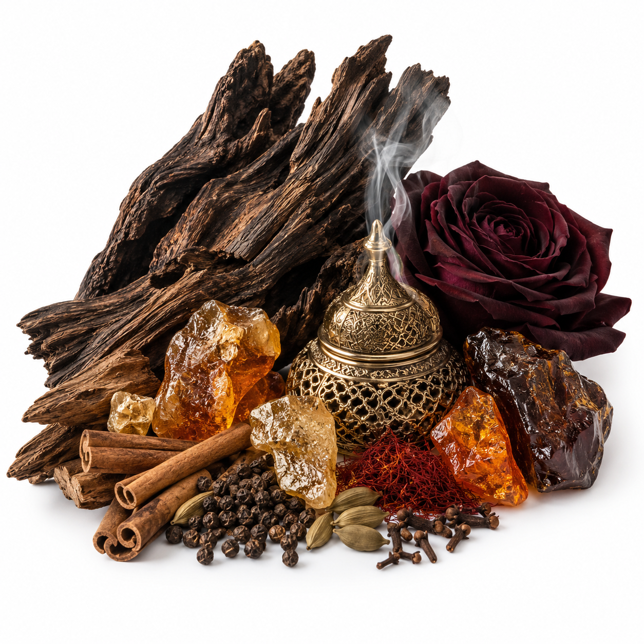 A styled arrangement of natural ingredients and a brass incense burner on a white background, including dark wood bark, cinnamon sticks, amber crystals, cloves, cardamom pods, red spice, and a deep burgundy rose.