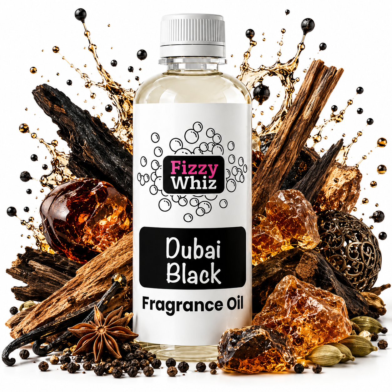 A bottle of Fizzy Whiz Dubai Black Fragrance Oil centered against a white background, surrounded by decorative ingredients including amber crystals, cinnamon sticks, star anise, peppercorns, and a splash of dark liquid. The bottle label reads 'Fizzy Whiz', 'Dubai Black', and 'Fragrance Oil'.