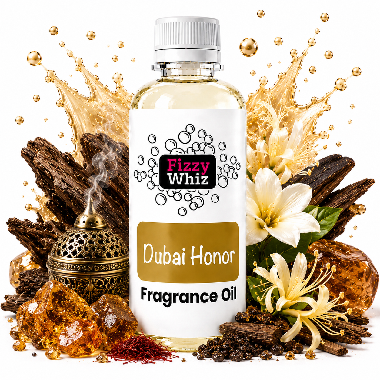 A bottle of Fizzy Whiz Dubai Honor Fragrance Oil centered against a white background, surrounded by decorative ingredients including amber crystals, a brass incense burner, wood pieces, white flowers, and golden liquid splashes. The bottle label is white with black and gold text.