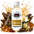 A bottle of Fizzy Whiz Dubai Honor Fragrance Oil centered against a white background, surrounded by decorative ingredients including amber crystals, a brass incense burner, wood pieces, white flowers, and golden liquid splashes. The bottle label is white with black and gold text.
