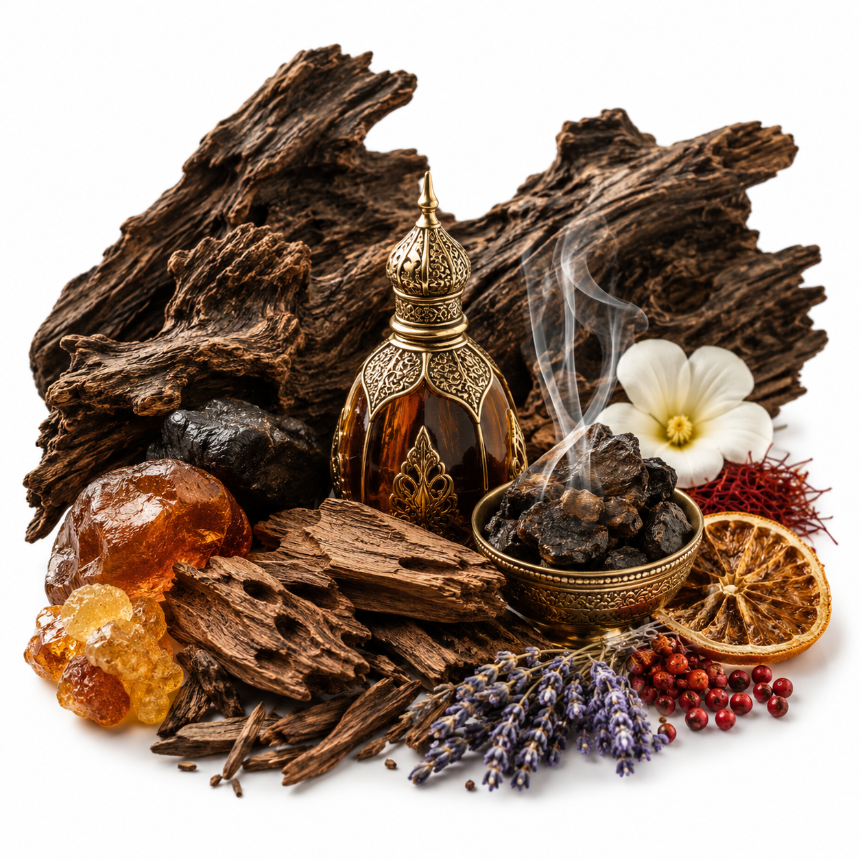 An ornate amber glass perfume bottle with gold detailing and a pointed cap, styled with dried wood, amber pieces, a white flower, lavender, red berries, and a bowl of dark resin on a white background.
