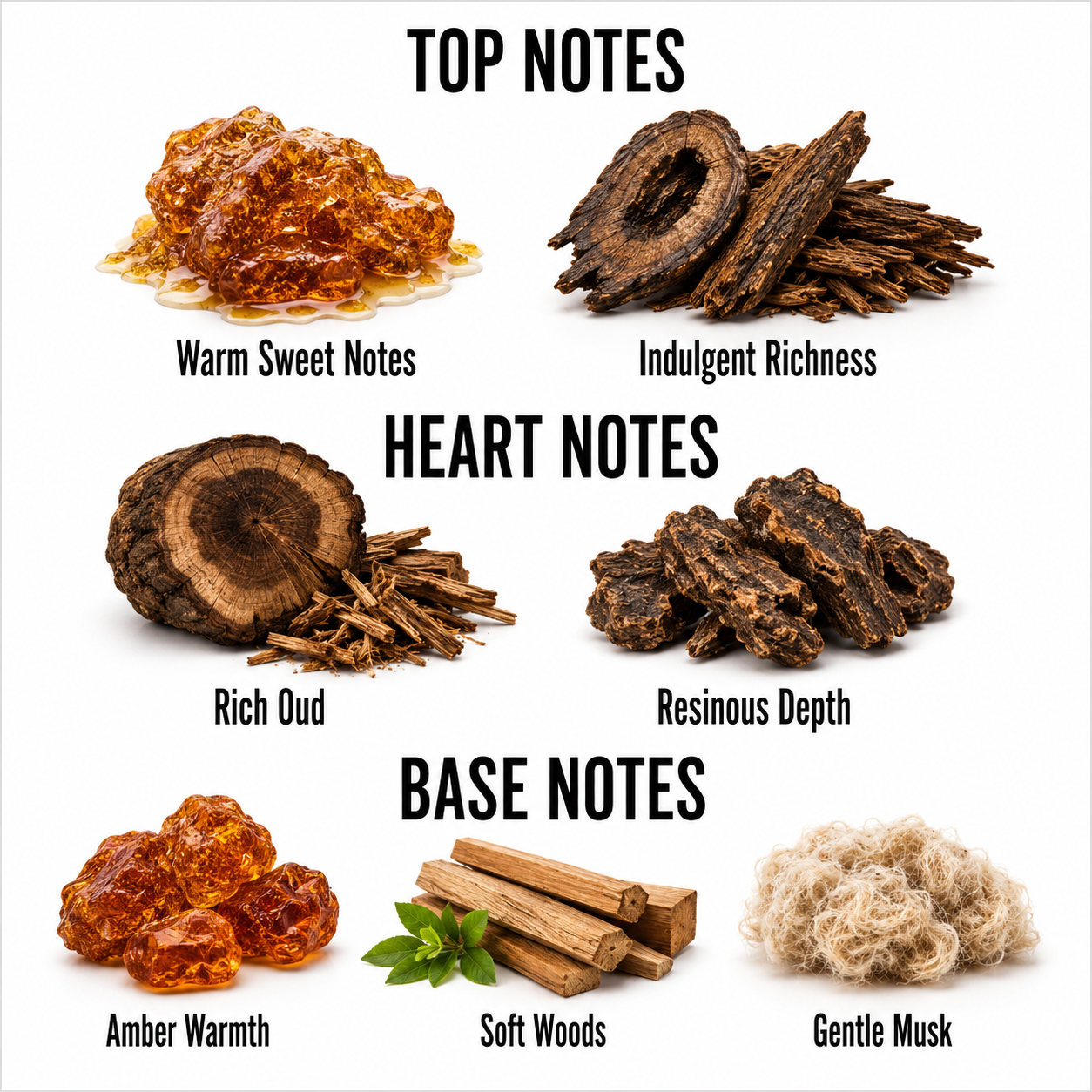 A fragrance notes infographic on a white background, showing amber and wood pieces labeled for a perfume or scented product: Top Notes (Warm Sweet Notes, Indulgent Richness), Heart Notes (Rich Oud, Resinous Depth), and Base Notes (Amber Warmth, Soft Woods, Gentle Musk).