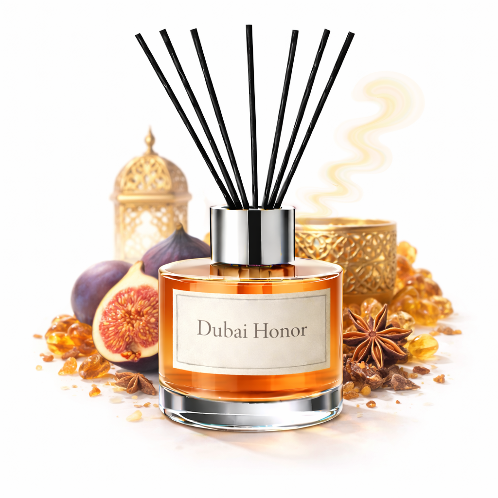 Reed diffuser labeled 'Dubai Honor' with decorative elements on a white background
